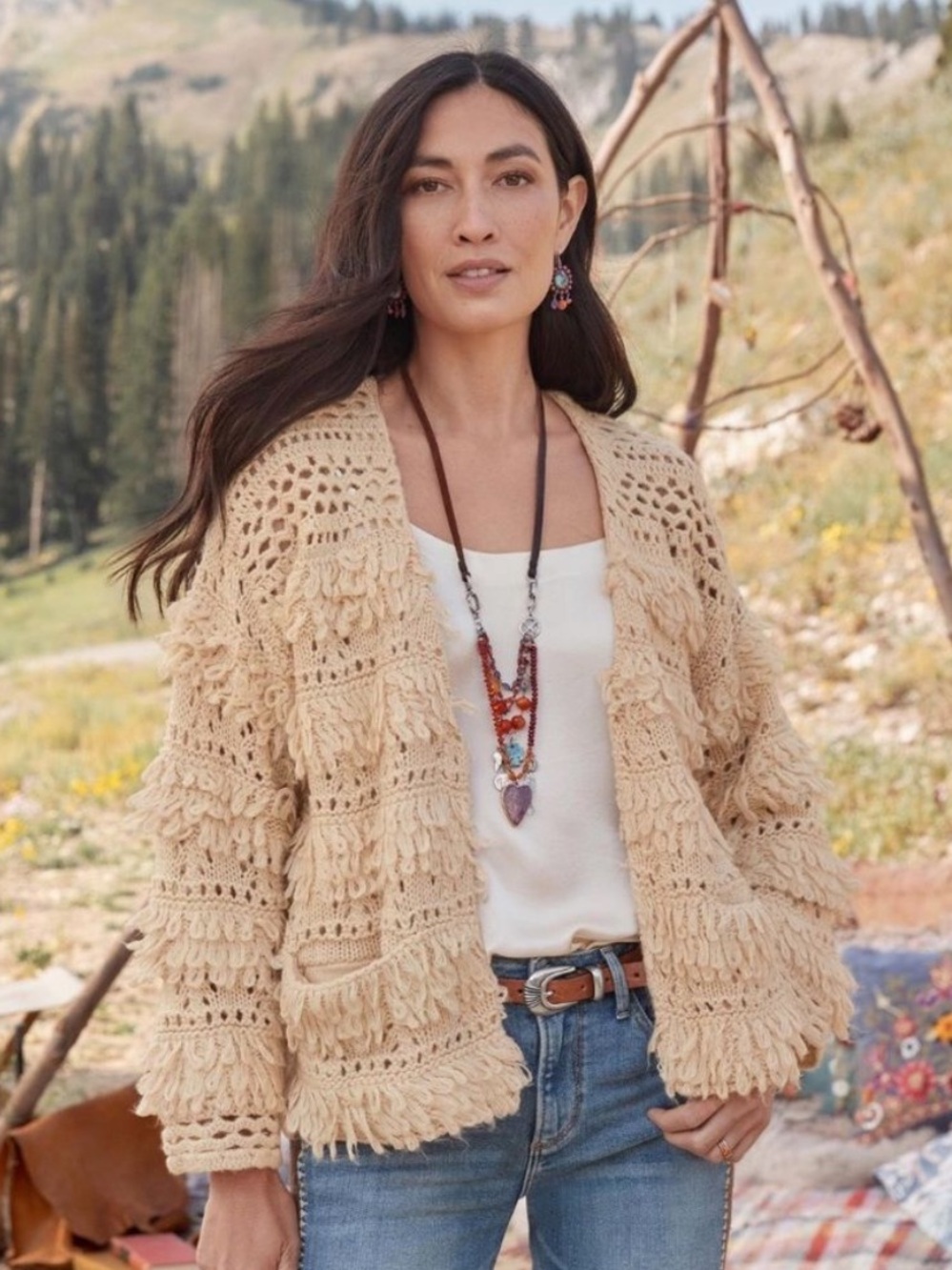 NEW Sundance Natural Wonders Cardigan Size Small Cream Boho Shag Fringe Knit